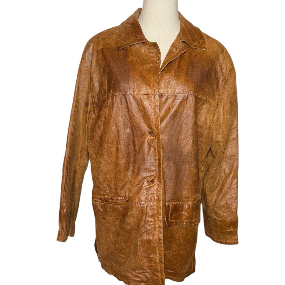 Vintage Breath Genuine Leather Jacket Shacket Button Down Collared Ladies 42